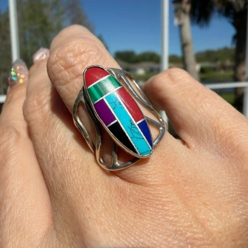 Sterling Silver Southwestern‎ Multi Gemstone Inlay Statement Ring Size 5.5